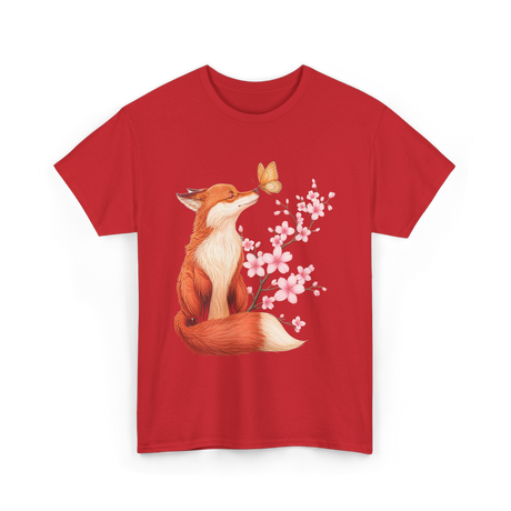 Japanese Fox Cherry Blossom Kawaii T-Shirt - Red