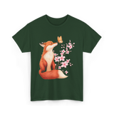 Japanese Fox Cherry Blossom Kawaii T-Shirt - Forest Green