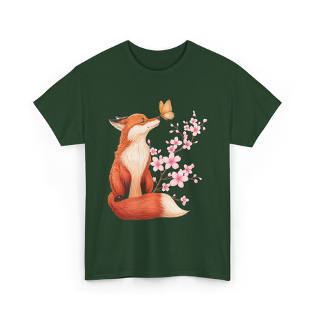 Japanese Fox Cherry Blossom Kawaii T-Shirt - Forest Green