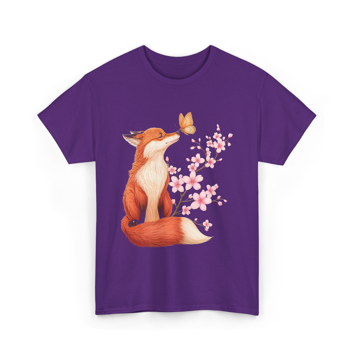 Japanese Fox Cherry Blossom Kawaii T-Shirt - Purple