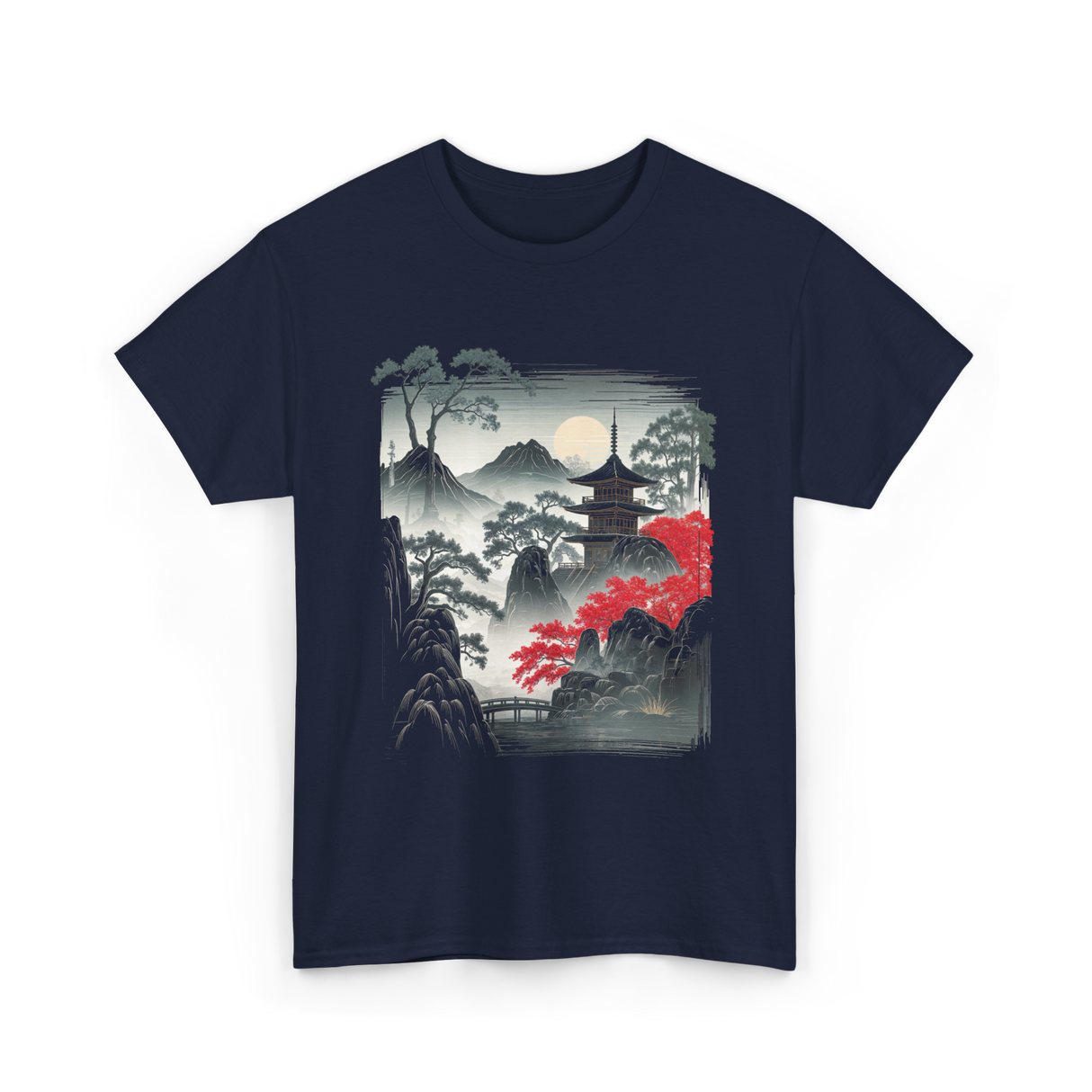 Japanese Mountain Landscape Art T-Shirt - Navy