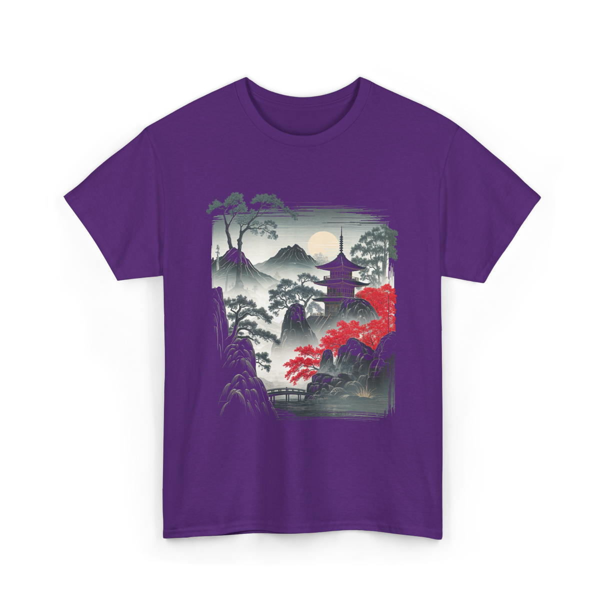 Japanese Mountain Landscape Art T-Shirt - Purple