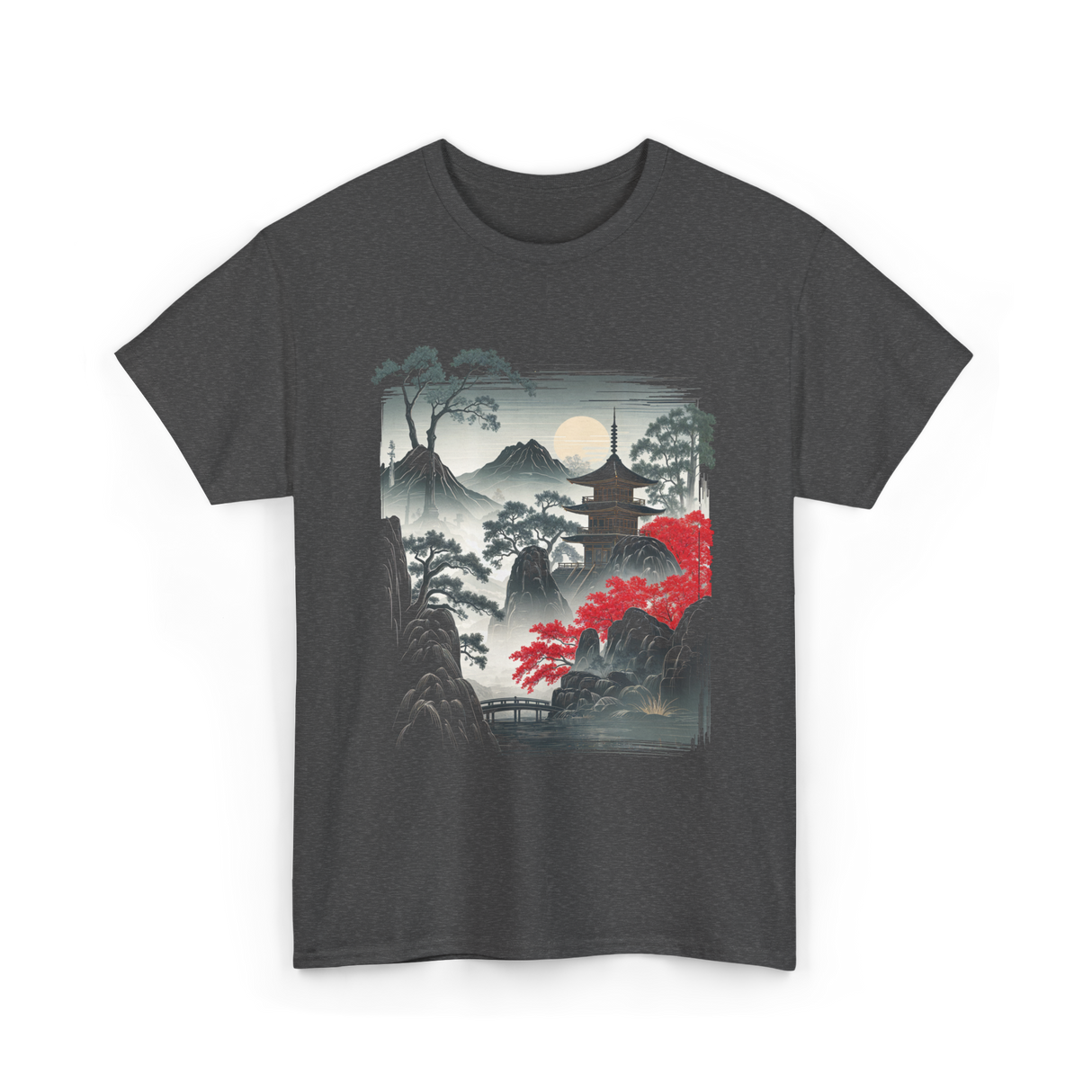 Japanese Mountain Landscape Art T-Shirt - Dark Heather