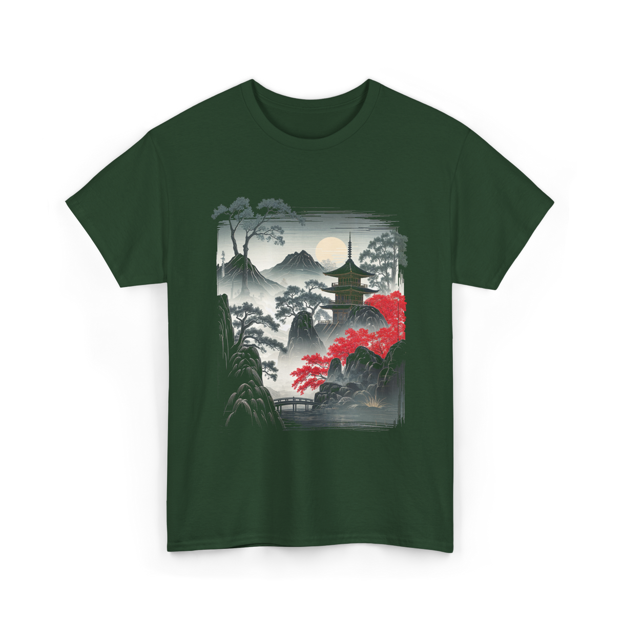 Japanese Mountain Landscape Art T-Shirt - Forest Green