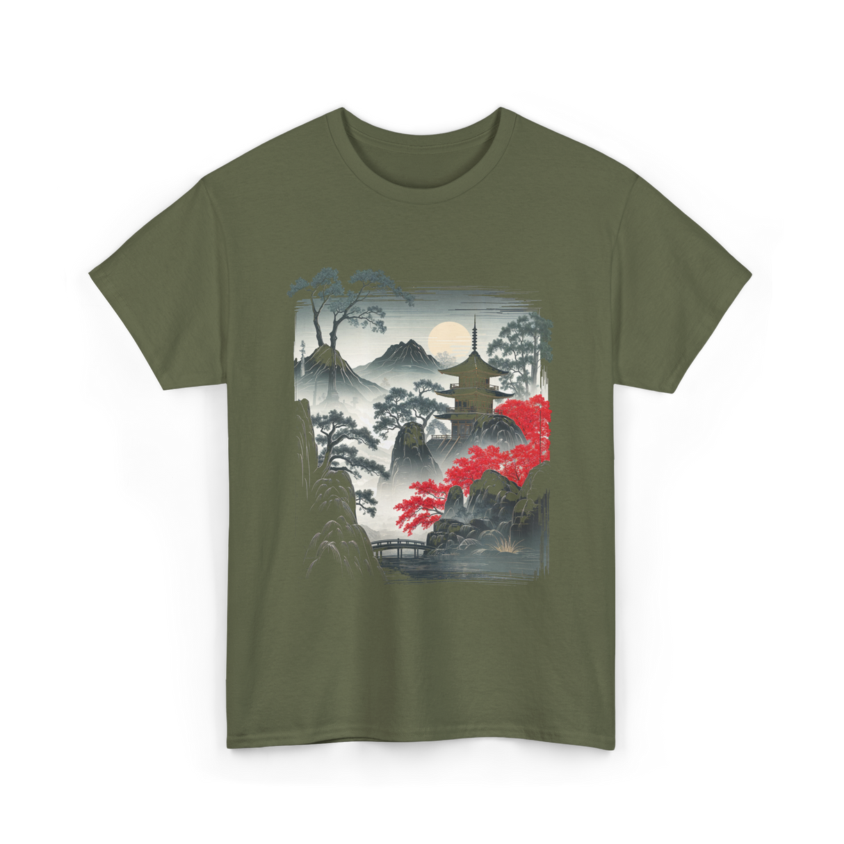 Japanese Mountain Landscape Art T-Shirt - Military Green