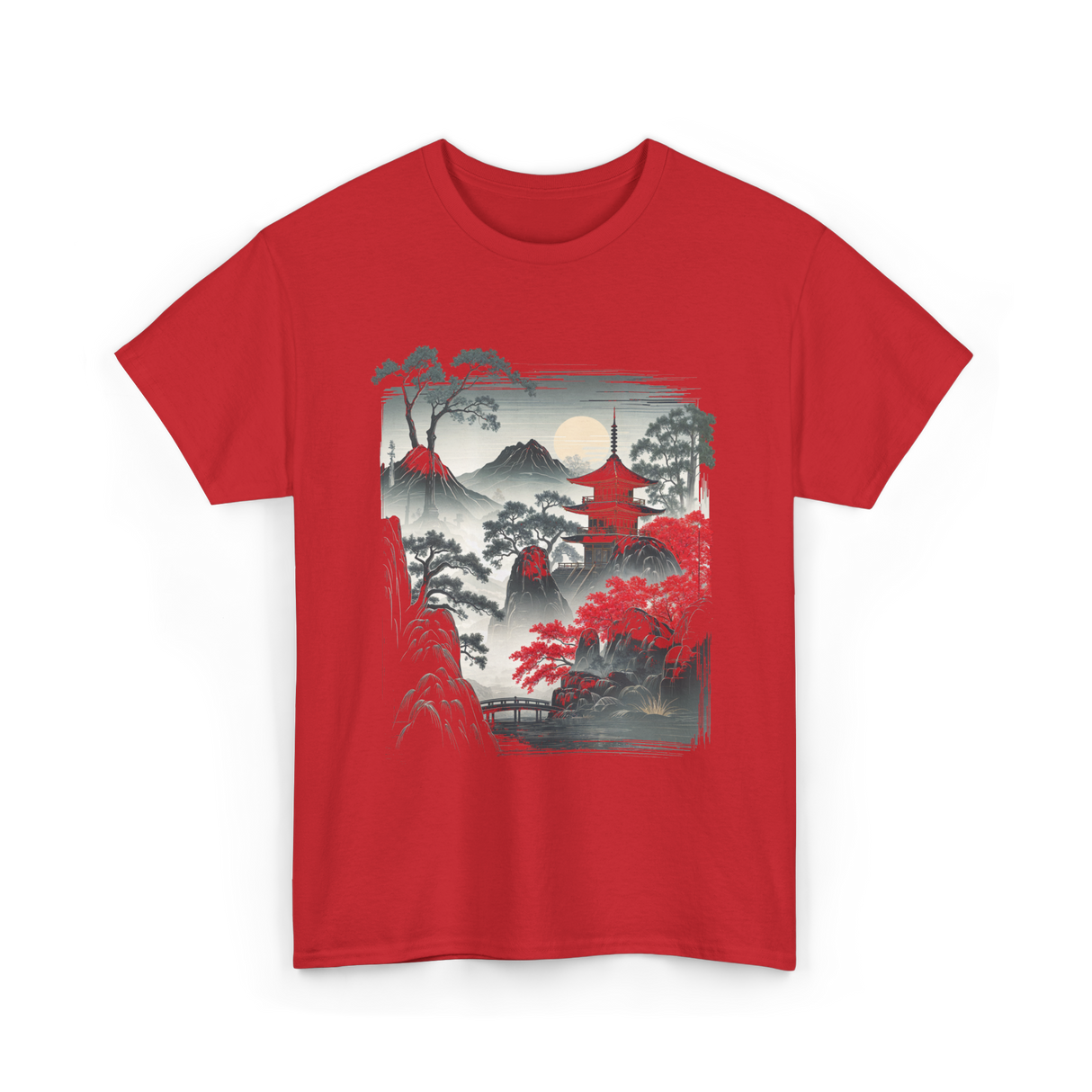 Japanese Mountain Landscape Art T-Shirt - Red