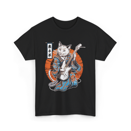 Japanese Samurai Cat Guitar Cat T-Shirt - Black