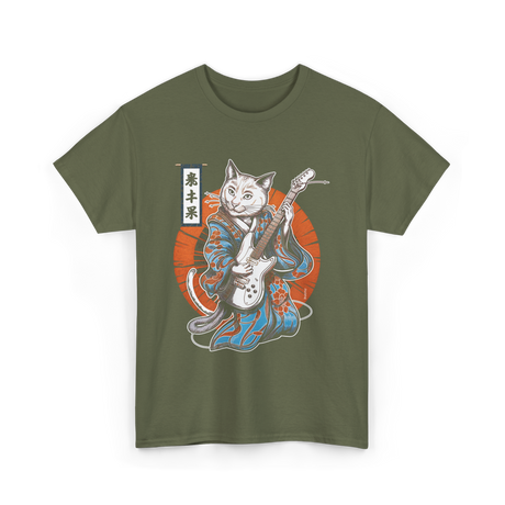 Japanese Samurai Cat Guitar Cat T-Shirt - Military Green