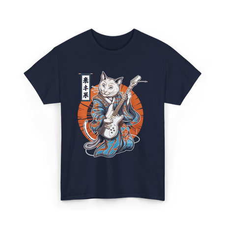 Japanese Samurai Cat Guitar Cat T-Shirt - Navy