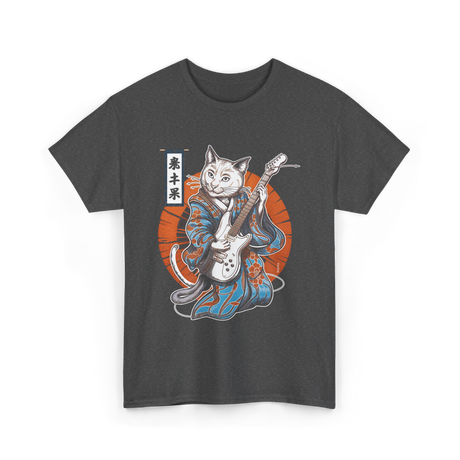 Japanese Samurai Cat Guitar Cat T-Shirt - Dark Heather