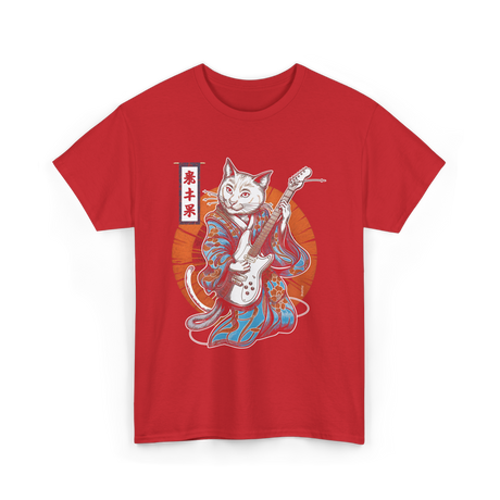 Japanese Samurai Cat Guitar Cat T-Shirt - Red