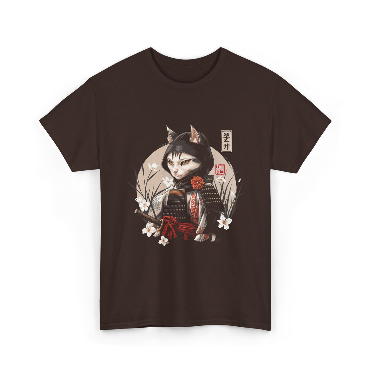 Japanese Samurai Cat Ninja Cat T-Shirt - Dark Chocolate