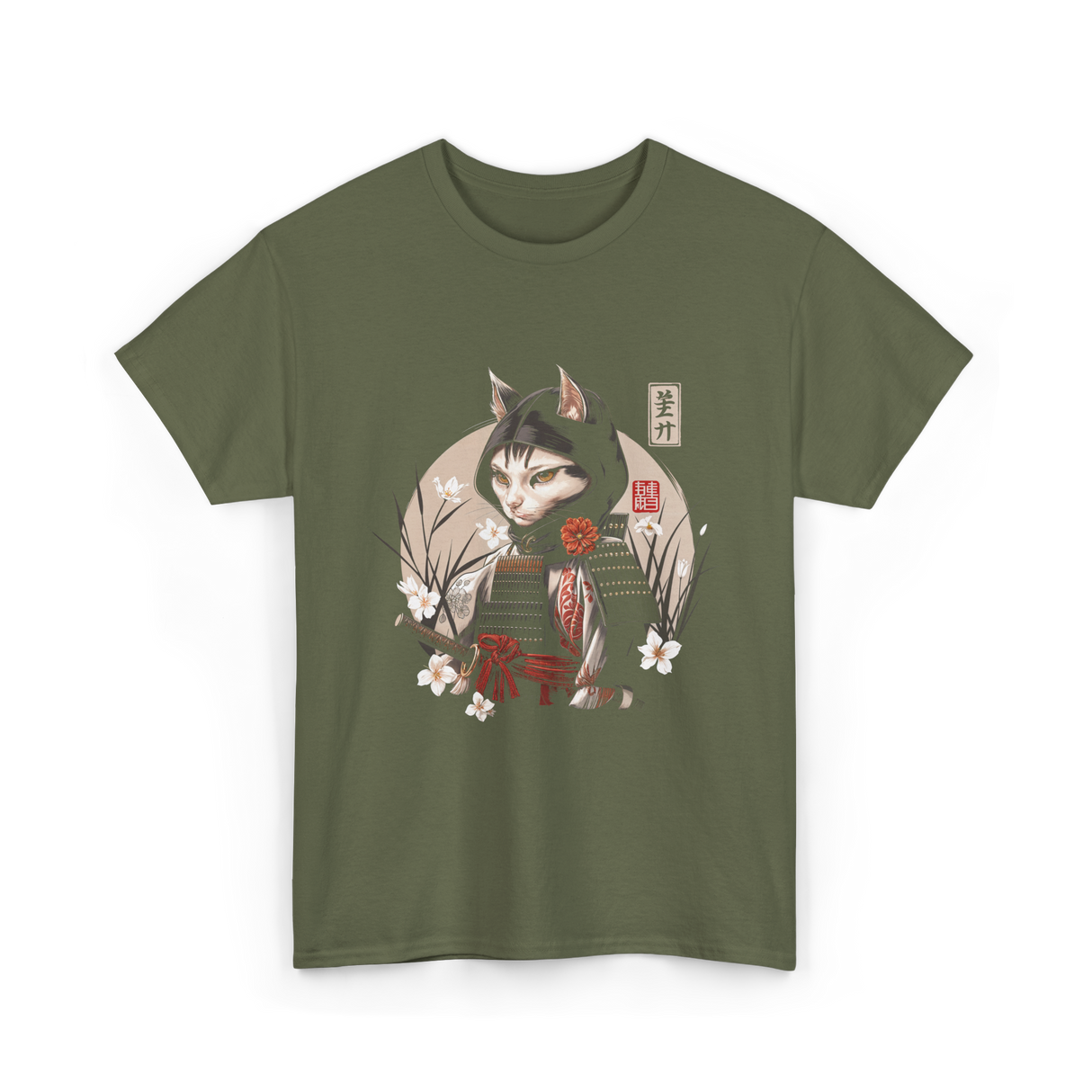 Japanese Samurai Cat Ninja Cat T-Shirt - Military Green