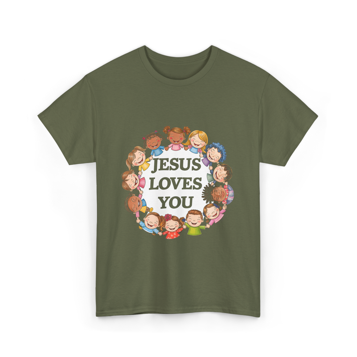 Jesus Loves You Christian Kids T-Shirt - Military Green