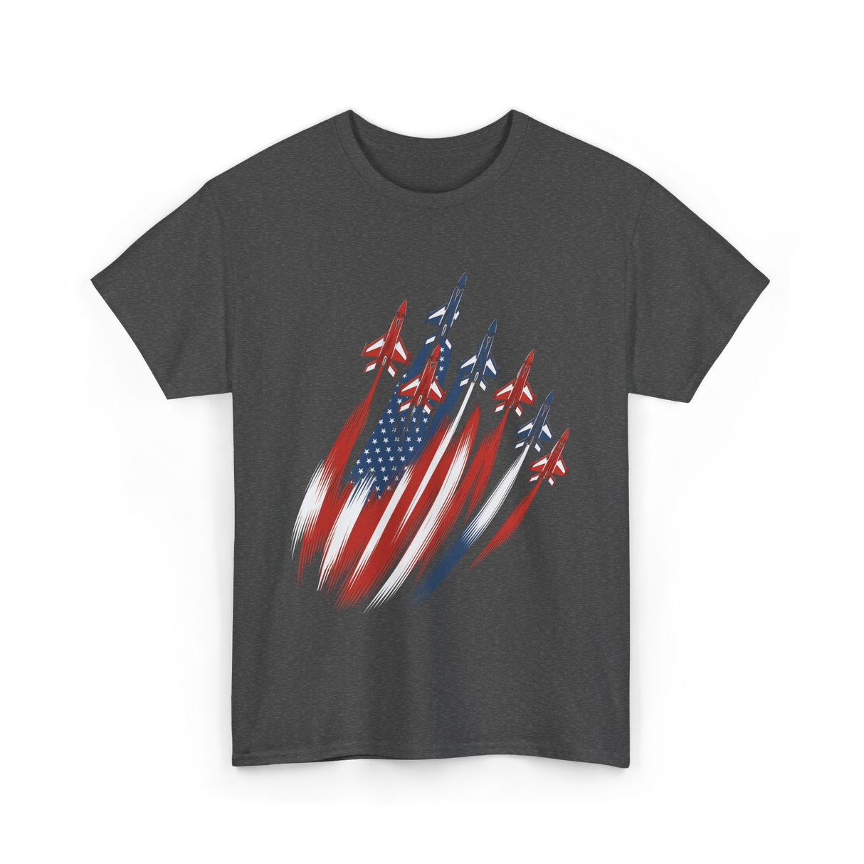 Jet Fighters American Flag Aviation T-Shirt - Dark Heather