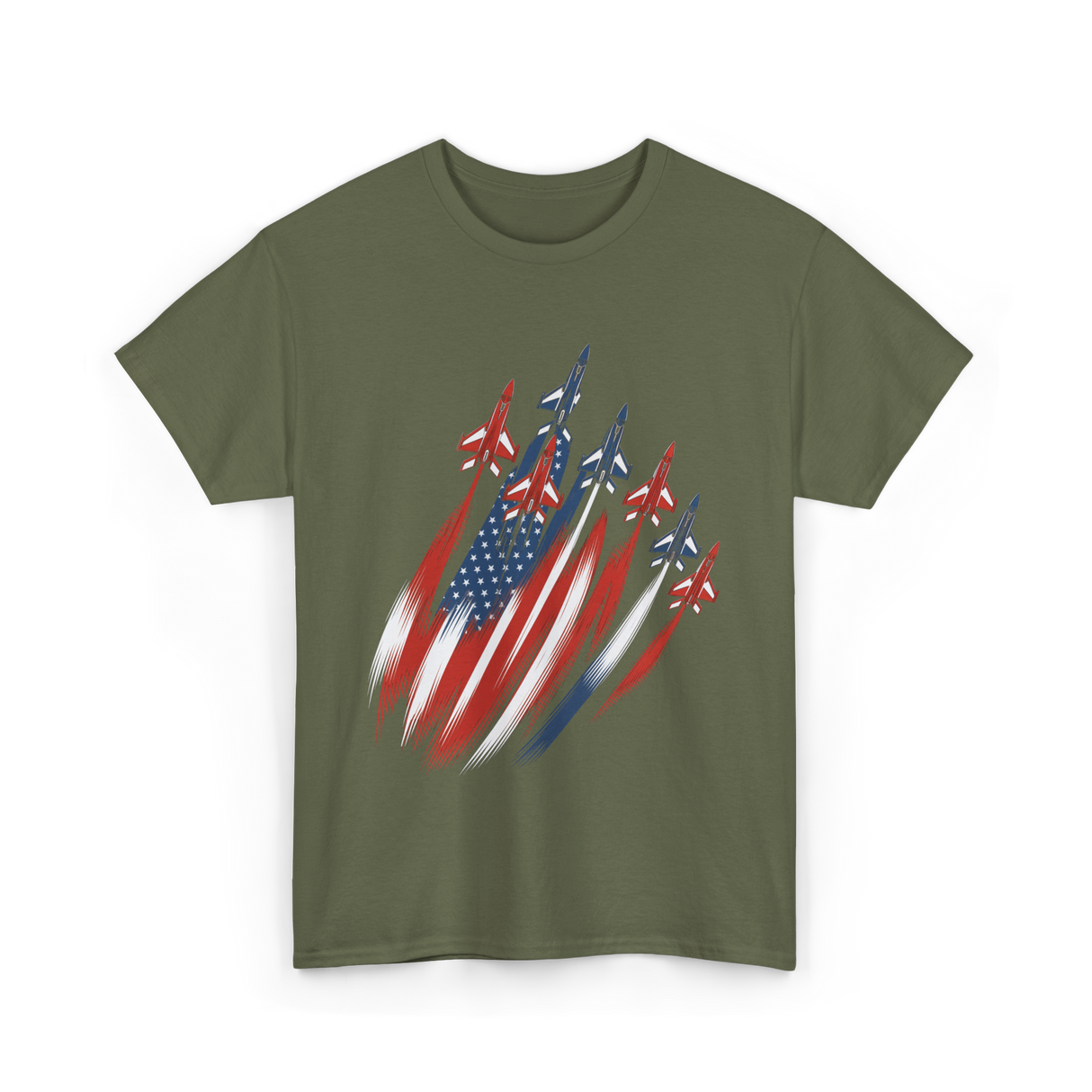 Jet Fighters American Flag Aviation T-Shirt - Military Green