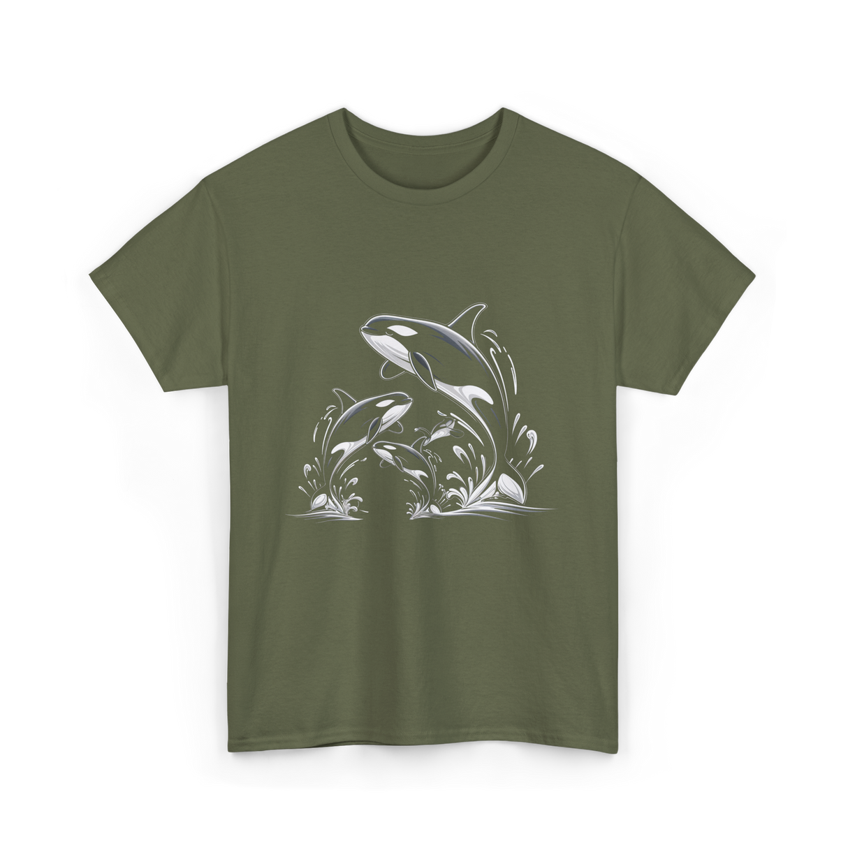 Jumping Orcas Orca Whales T-Shirt - Military Green