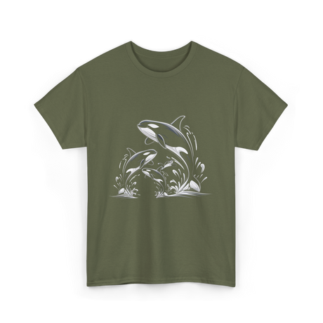 Jumping Orcas Orca Whales T-Shirt - Military Green