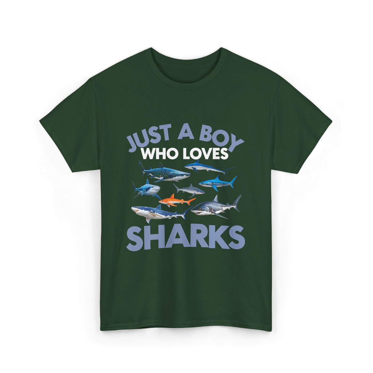 Just A Boy Sharks Shark Lover T-Shirt - Forest Green