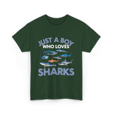 Just A Boy Sharks Shark Lover T-Shirt - Forest Green