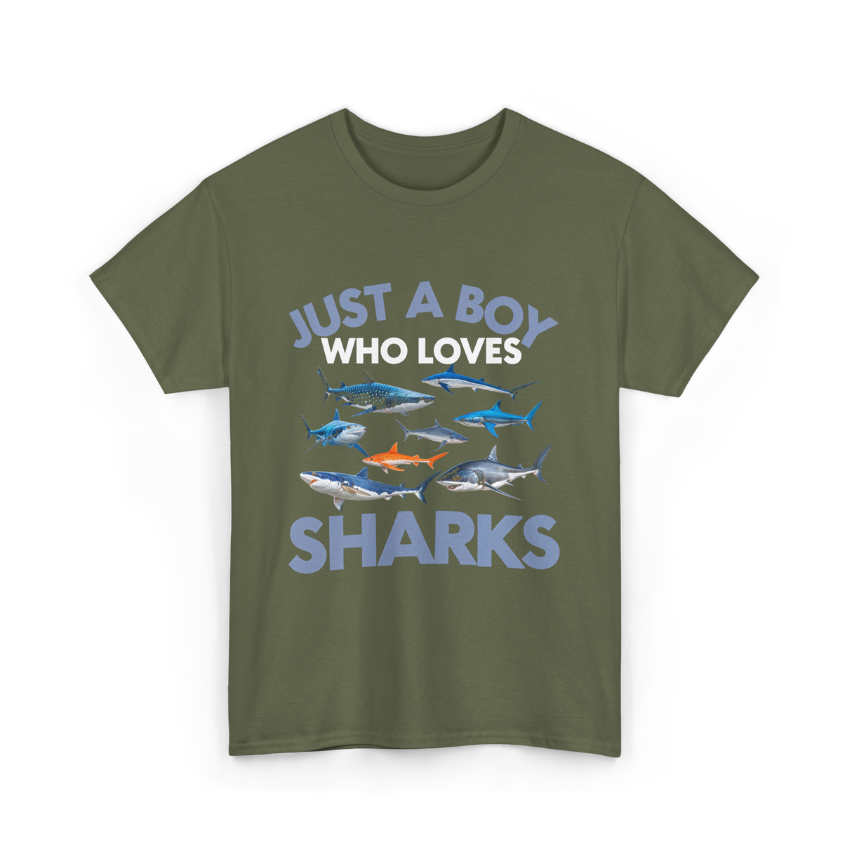 Just A Boy Sharks Shark Lover T-Shirt - Military Green