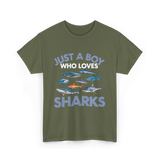 Just A Boy Sharks Shark Lover T-Shirt - Military Green