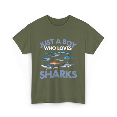 Just A Boy Sharks Shark Lover T-Shirt - Military Green