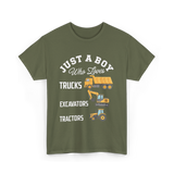 Just A Boy Trucks Excavators Tractors T-Shirt - Military Green