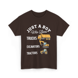 Just A Boy Trucks Excavators Tractors T-Shirt - Dark Chocolate