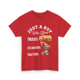 Just A Boy Trucks Excavators Tractors T-Shirt - Red