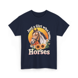 Just a Girl Horses Horse Riding T-Shirt - Navy