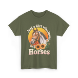 Just a Girl Horses Horse Riding T-Shirt - Military Green