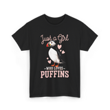 Just a Girl Puffins Bird T-Shirt - Black