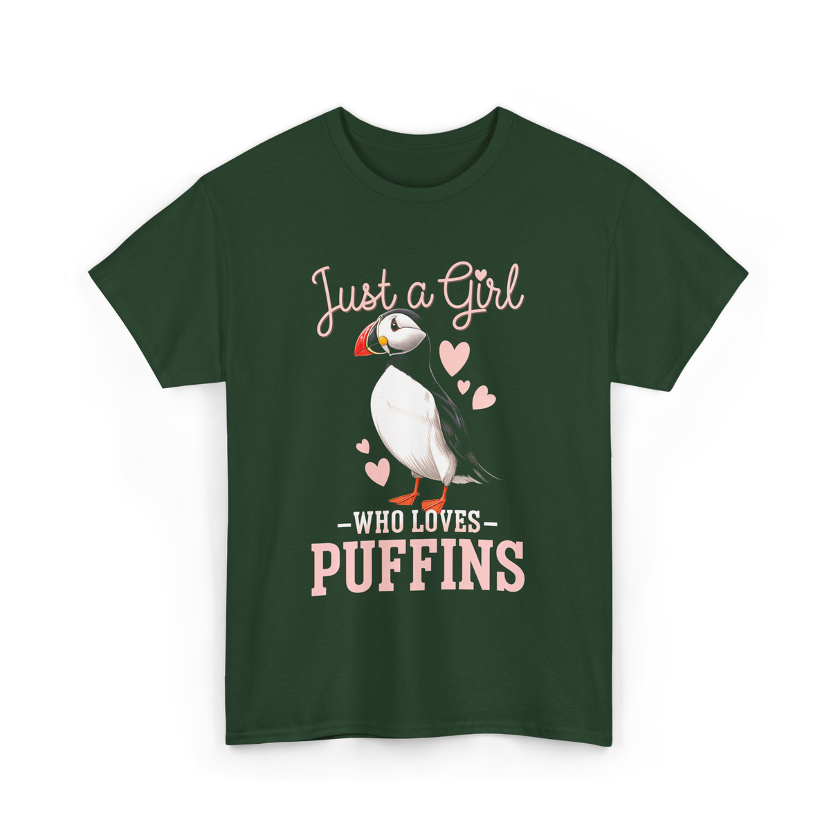 Just a Girl Puffins Bird T-Shirt - Forest Green