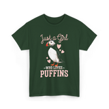 Just a Girl Puffins Bird T-Shirt - Forest Green