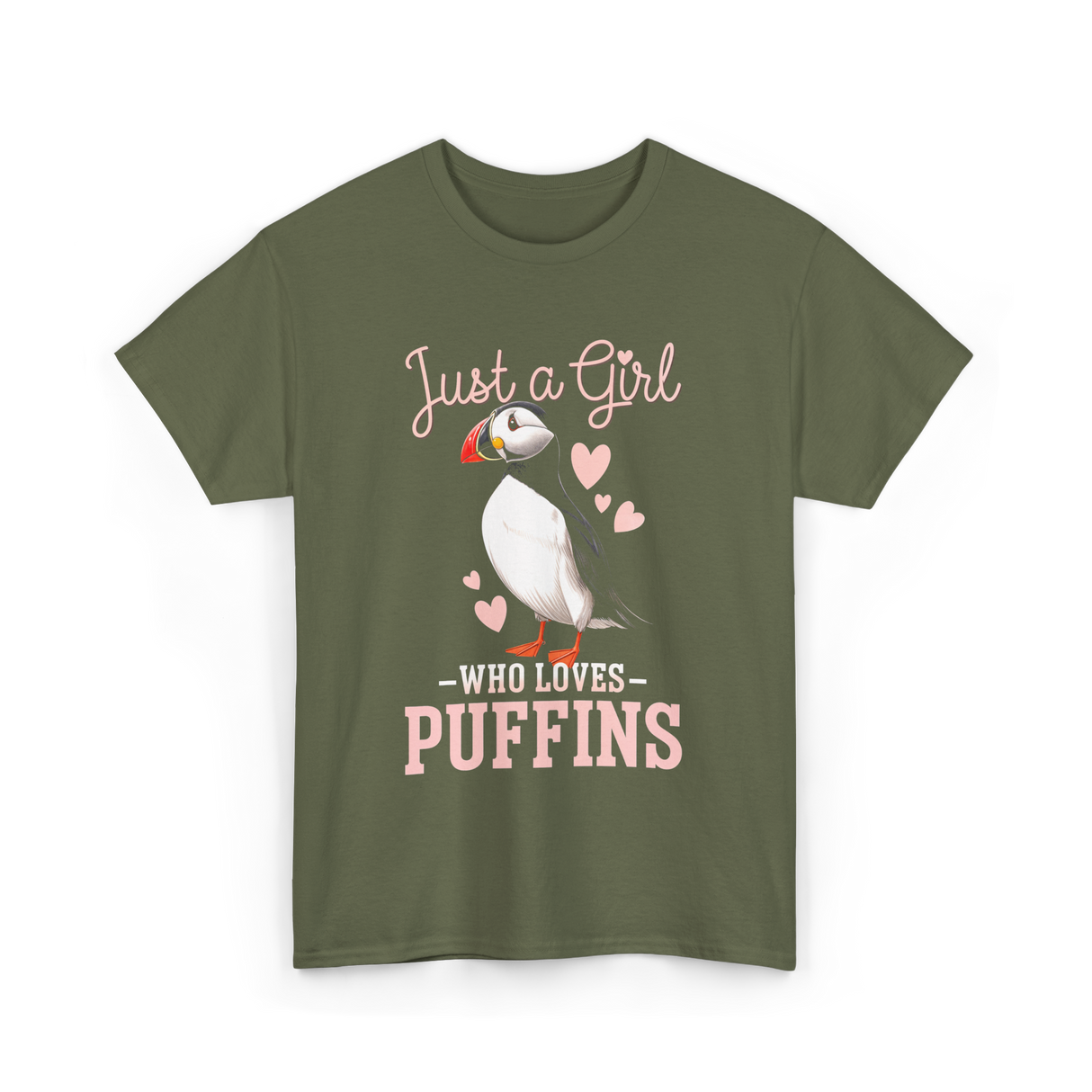 Just a Girl Puffins Bird T-Shirt - Military Green