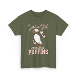 Just a Girl Puffins Bird T-Shirt - Military Green