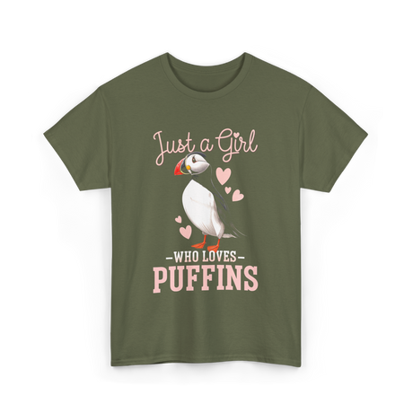 Just a Girl Puffins Bird T-Shirt - Military Green