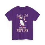 Just a Girl Puffins Bird T-Shirt - Purple