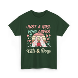 Just A Girl Who Loves Cats Dogs T-Shirt - Forest Green