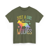 Just A Girl Who Loves Wolves Animal Lover T-Shirt - Military Green