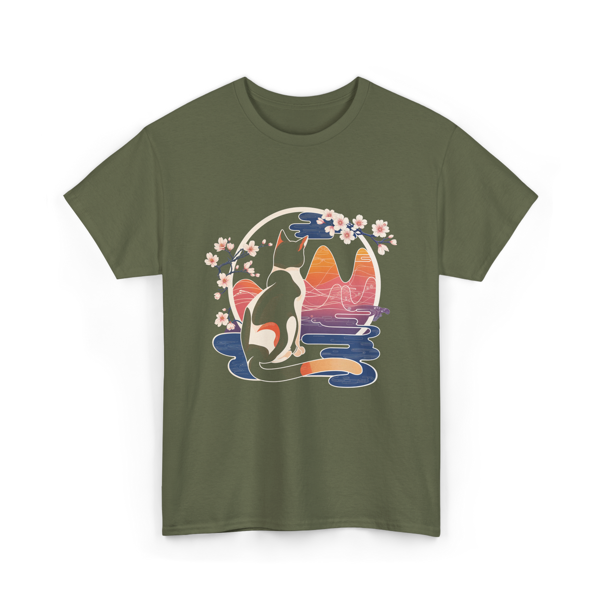 Kawaii Cat Japanese Art Cat T-Shirt - Military Green