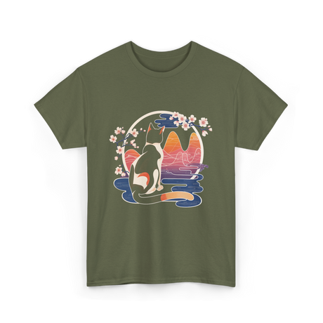 Kawaii Cat Japanese Art Cat T-Shirt - Military Green