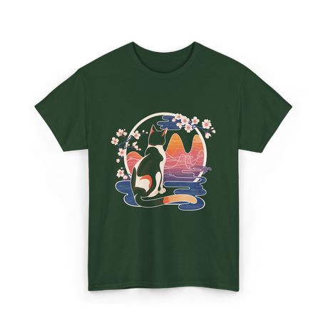 Kawaii Cat Japanese Art Cat T-Shirt - Forest Green