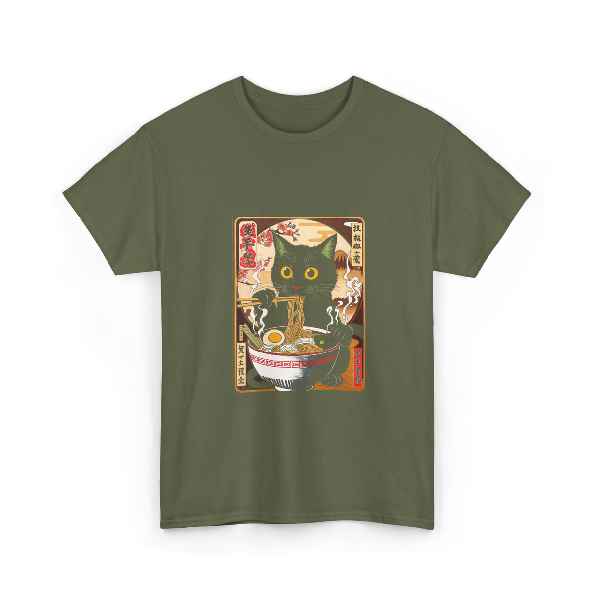 Kawaii Cat Ramen Anime Cat Lovers T-Shirt - Military Green