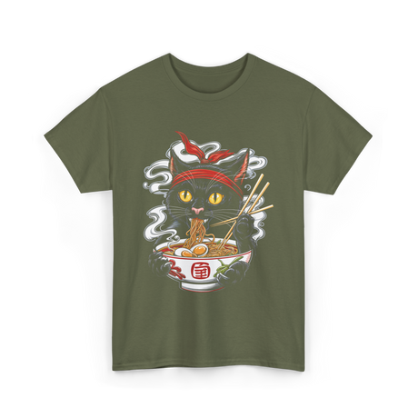 Kawaii Cat Ramen Noodle Cat T-Shirt - Military Green