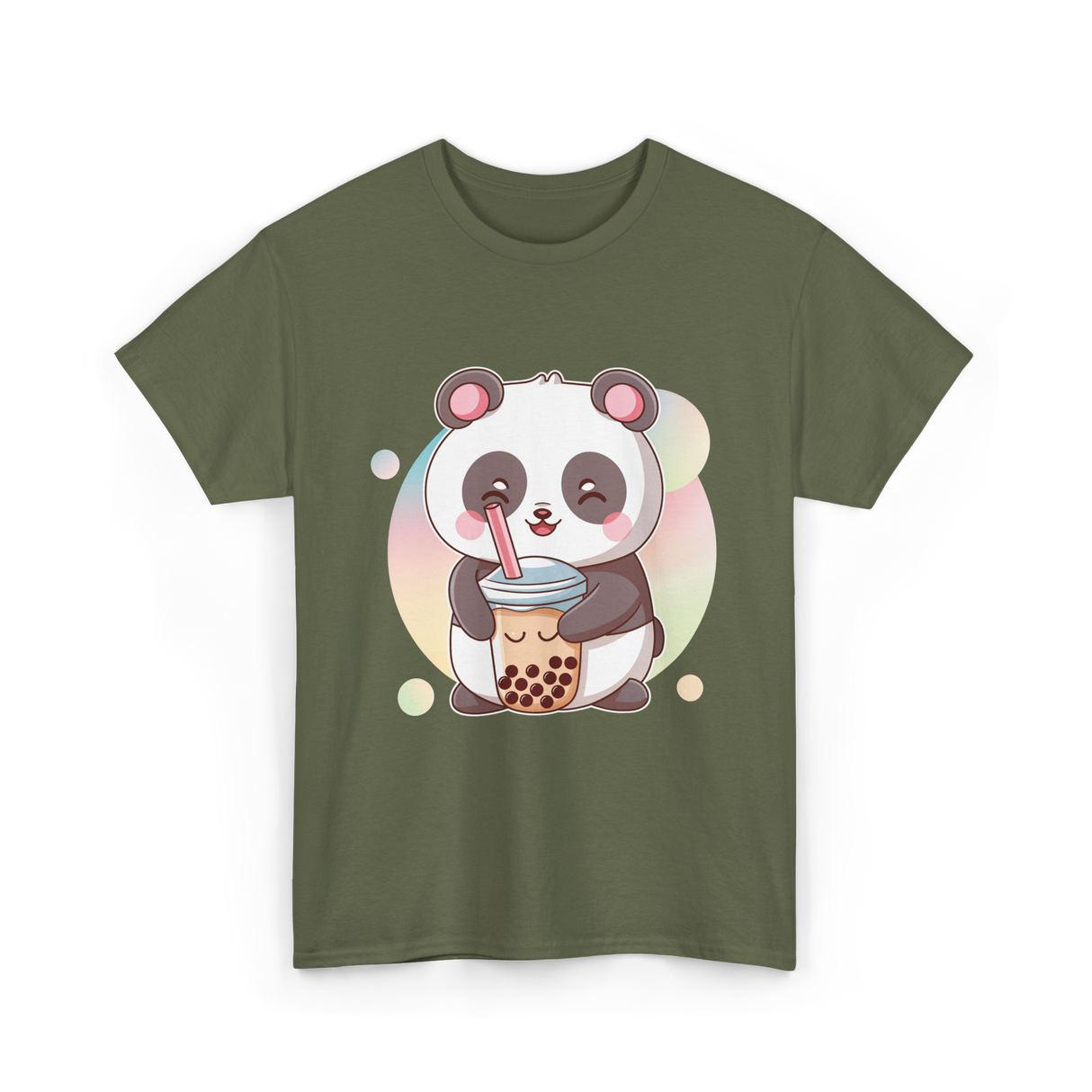 Kawaii Panda Drinks Boba Panda T-Shirt - Military Green