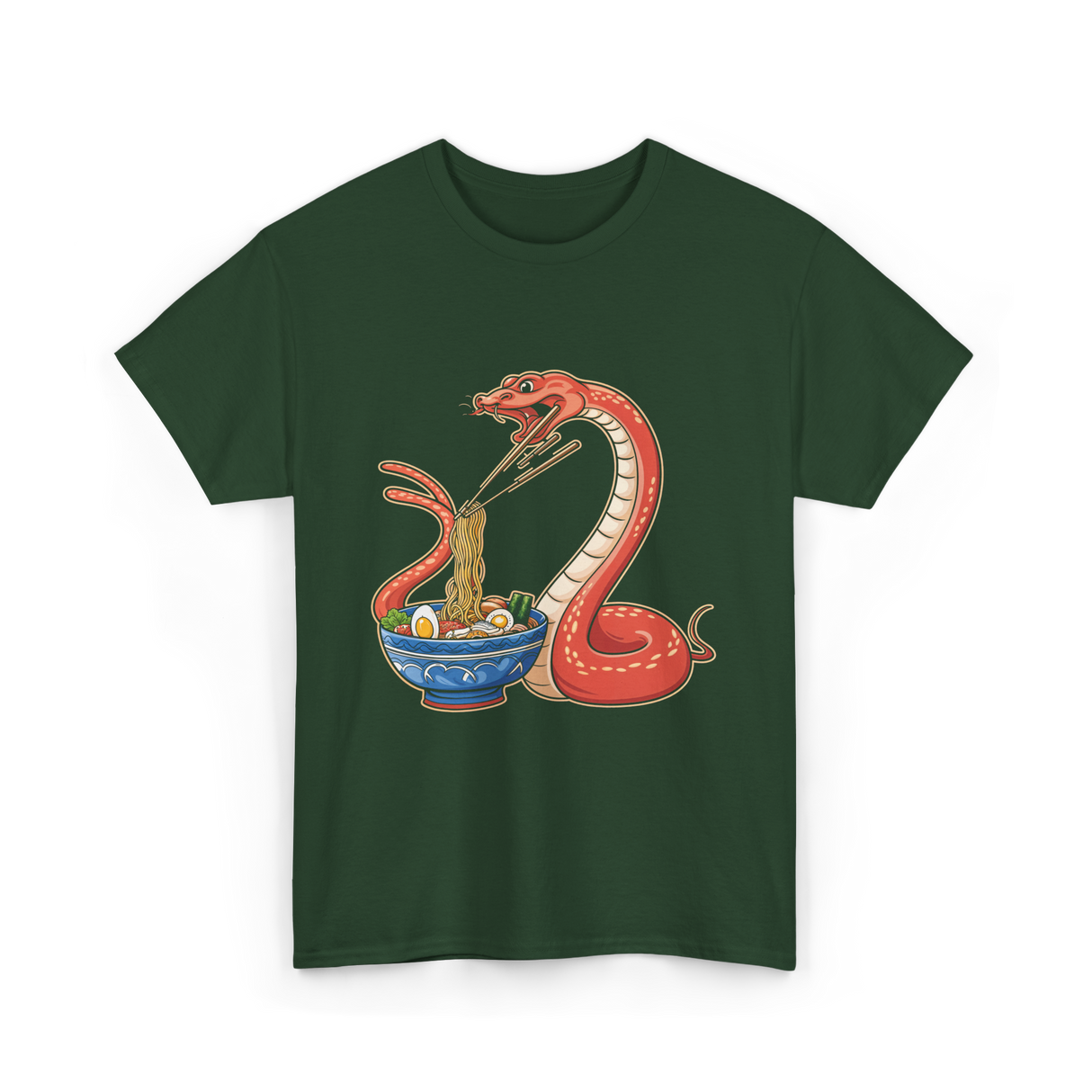 Kawaii Ramen Snake Art T-Shirt - Forest Green