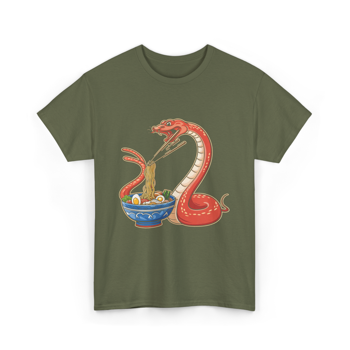 Kawaii Ramen Snake Art T-Shirt - Military Green