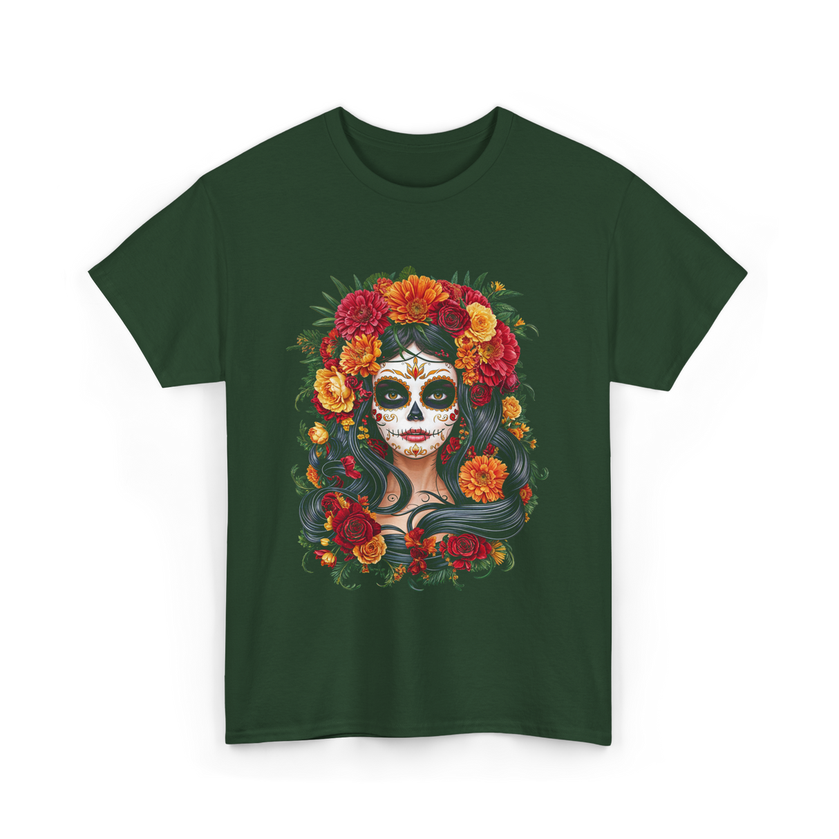 La Catrina Floral Sugar Skull T-Shirt - Forest Green